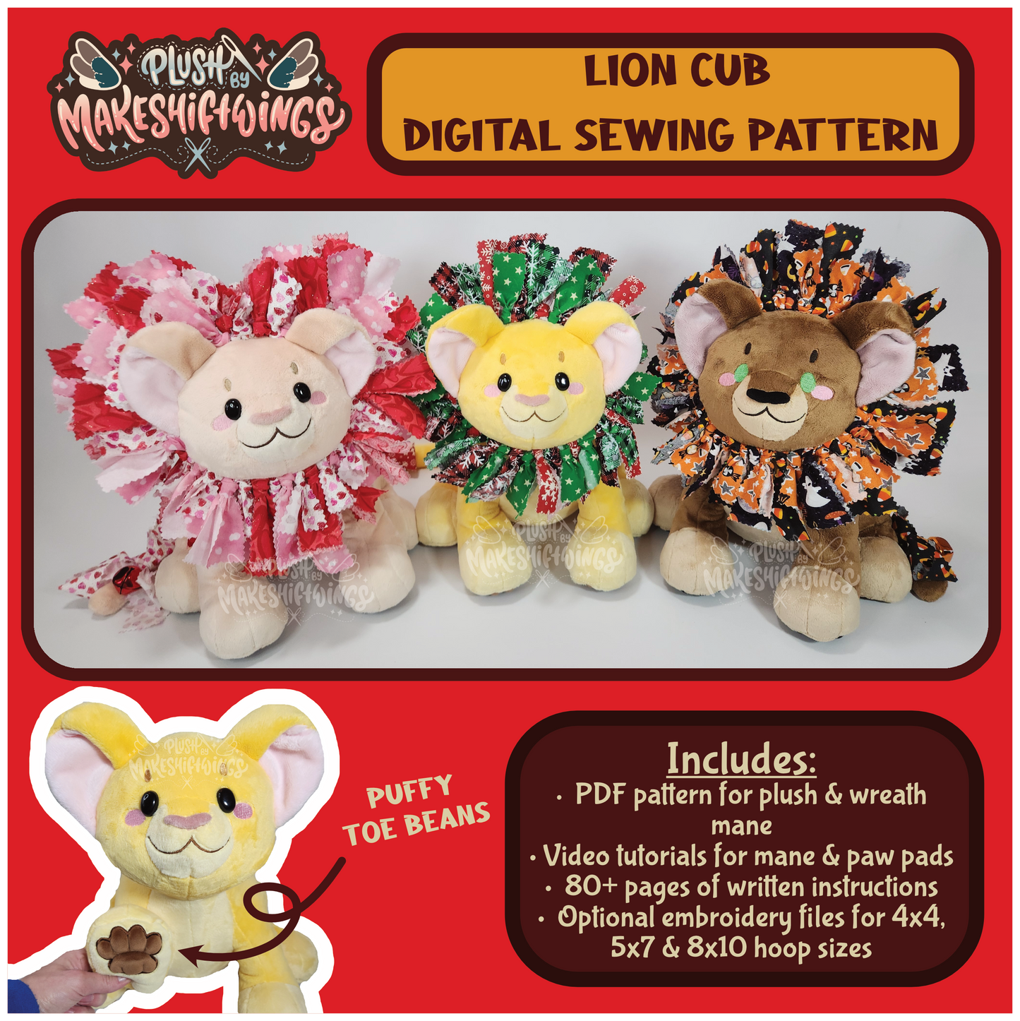 SEWING PATTERN - Lion Cub Plush with Fabric Wreath Mane