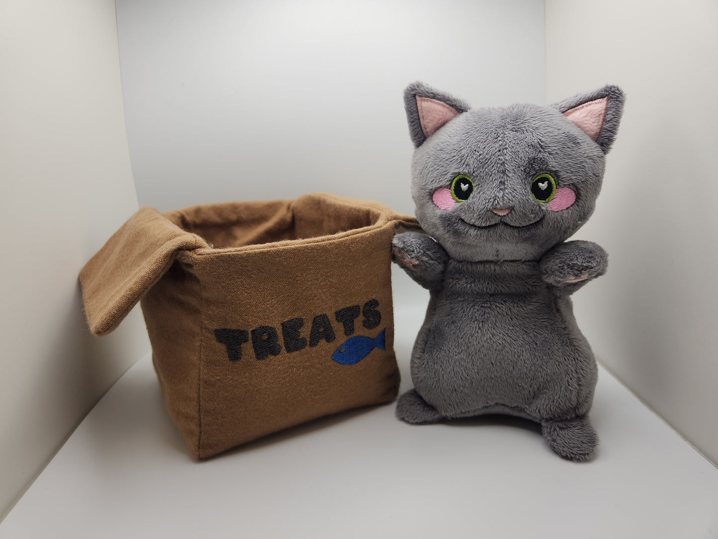 PROTOTYPE PLUSH - Cat in a Box (Grey Treats)